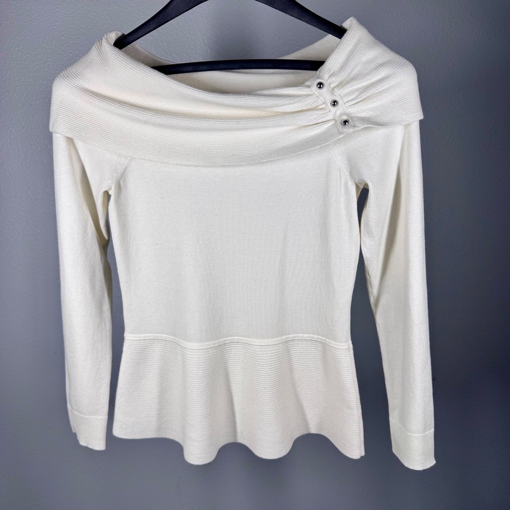 White House Black Market‎ Off Shoulder Peplum Sweater White Grommet Detail Small